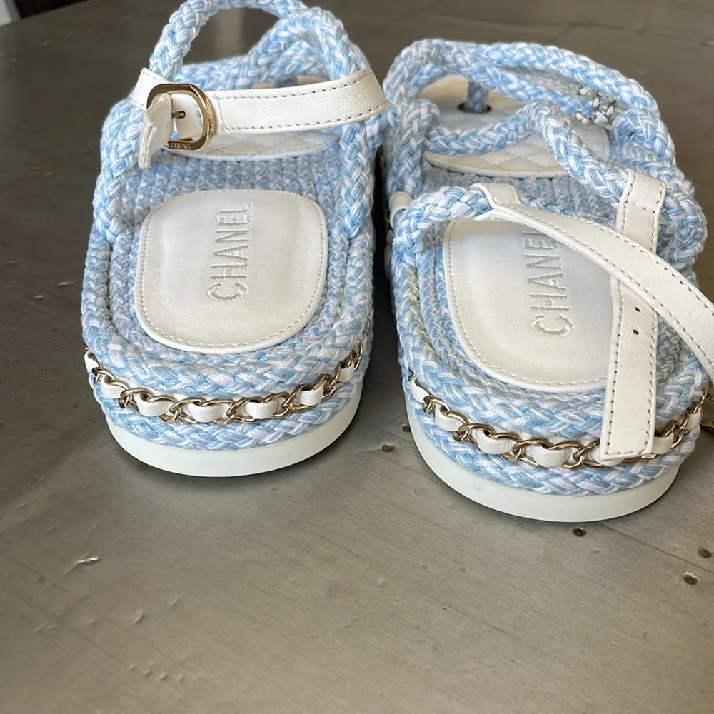 Chanel cord blue white chain charm sandal rope flats sz 39 with box $1425 - Picture 6 of 10